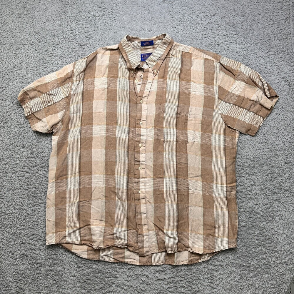 Pendleton Shirt Mens 2XL Linen Blend Tan Plaid Button Down Short Sleeve